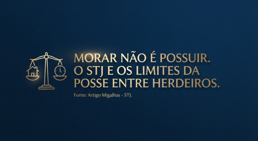 Uma balança segurando uma casinha e um relógio, texto em dourado com fundo azul, falando sobre morar não significa possuir